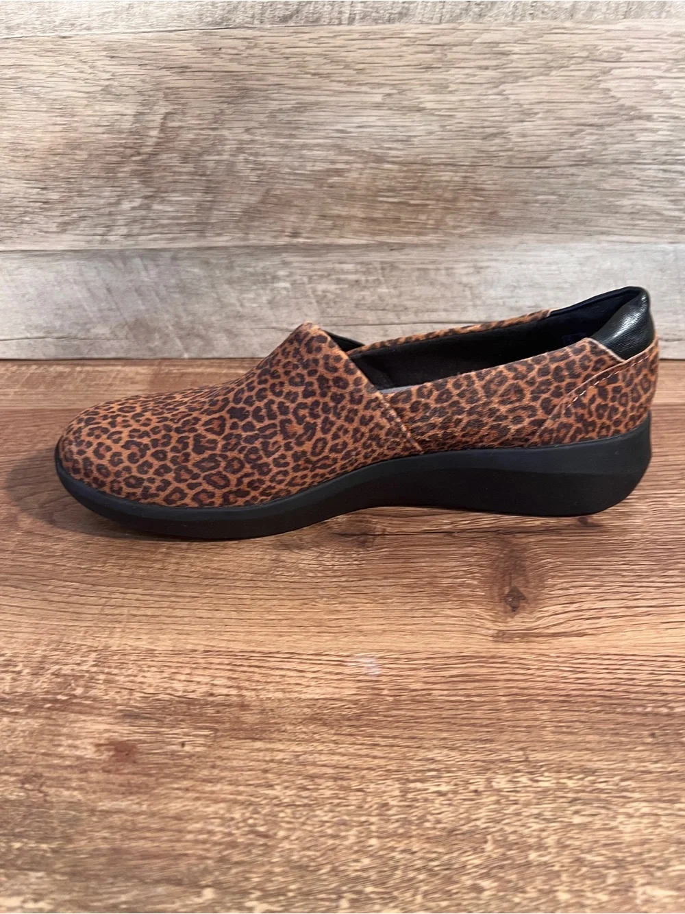 Clarks Cheetah Print Slip-On Flats in Brown and Black Kayleigh Step Loafers